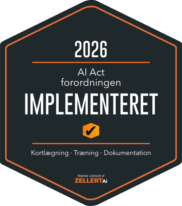 Ai Act IMPLEMENTERET-badge udstedt af ZELLERT Ai